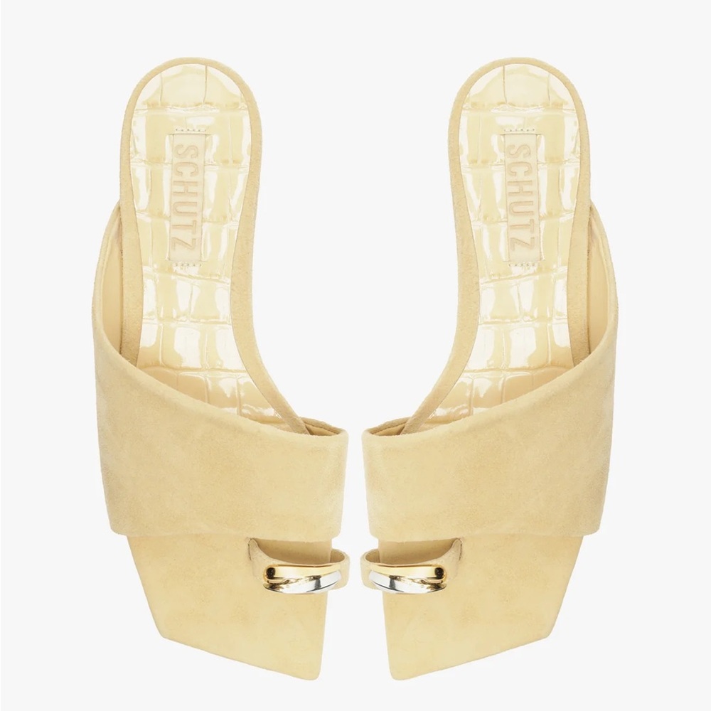 SCHUTZ Jodie Nubuck Suede Leather Beige Flat Slide Sandals w Gold Embellishments
